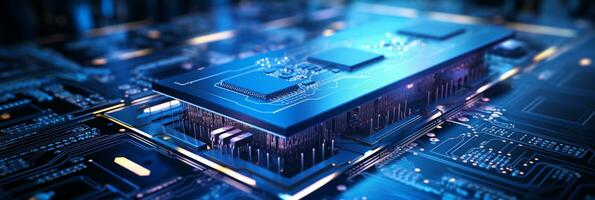 High-tech Computer chip close up shot, production of electronic, circuit board, futuristic design, extreme detail, AI Generative photo