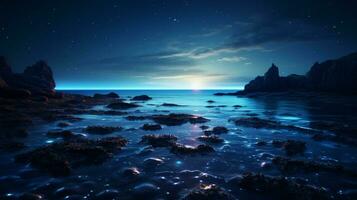 Fantasy seascape, Night view of the ocean, glowing sea, Beautifully starry night sky, dreamy atmosphere, AI Generative photo