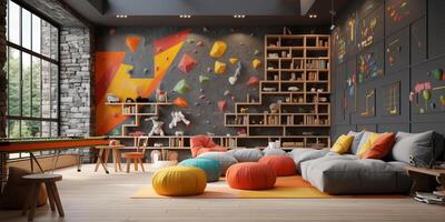 A beautiful Interior design of a colorful kindergarten, educational playroom, kid learning space, nursery, AI Generative photo