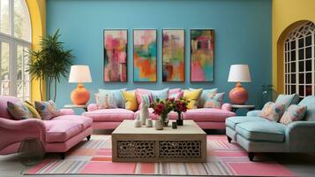 Furnished Modern Living room, bright blue and pink color palette, interior design, AI Generative photo