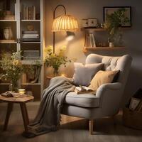 Cozy reading nook plush armchair, bookshelf filled with books of all genres, reading time, elegant interior design, AI Generative photo