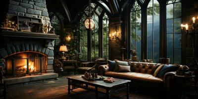 Interior Design, Beautiful Living room Gothic Style, Luxury Mansion, Elegant tall window, AI Generative photo