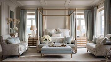 Luxurious furnished master bedroom suite, elegant interior design, modern house design concept, AI Generative photo