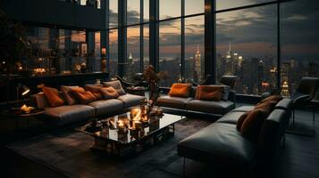 Interior Design modern Living room, windows show stunning view of the city skyline, Empty room apartment, AI Generative photo