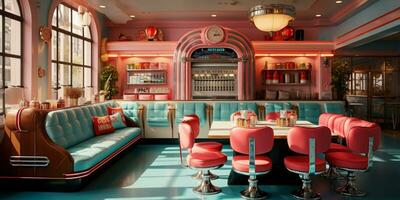 Retro vintage diner restaurant, interior design, stylish old fashioned design concept, AI Generative photo