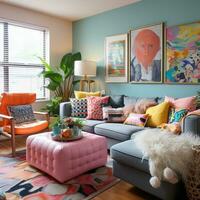 Furnished Modern Living room, bright blue and pink color palette, interior design, AI Generative photo