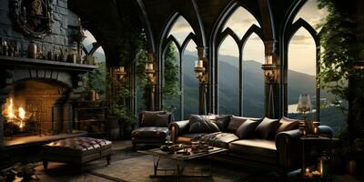 Interior Design, Beautiful Living room Gothic Style, Luxury Mansion, Elegant tall window, AI Generative photo