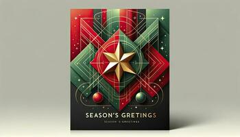 A modern Christmas banner with abstract geometric shapes in traditional red and green colors. A central golden star is highlighted, accompanied by the message Season's Greetings. AI Generated photo