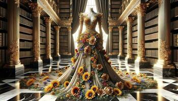 An elegant gown, beautifully draped and decorated with vibrant sunflowers and shimmering golden roses, complemented by a majestic library setting. AI Generated photo