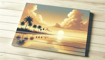 Art print capturing a serene beach scene at sunset. Golden hues reflect on the calm waters as silhouettes of palm trees sway gently in the evening breeze. AI Generated photo