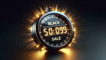 Black Friday Sale against dark background. A sleek digital timer encircled by shimmering golden streaks, with the word SALE illuminated intensely.  AI Generated photo