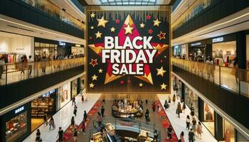 un vibrante negro viernes rebaja bandera estirado a través de un ocupado compras centro comercial. el bandera es adornado con dorado estrellas y tiene negrita rojo letras anunciando el venta. ai generado foto