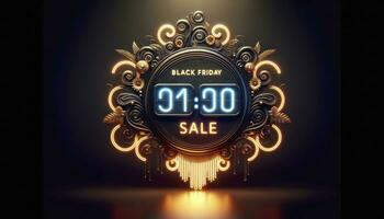 A modern digital countdown display on a dark gradient backdrop. Neon numbers count down the time left for the Black Friday Sale. Elegant golden spirals encircle the timer.  AI Generated photo