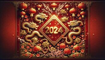 Chinese New Year 2024 background is dominated by a rich red hue with gold patterns, centered around the number '2024' and cherry blossoms. AI Generative. photo