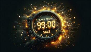 Black Friday Sale against dark background. A detailed digital countdown clock surrounded by swirling golden light particles, with the word SALE appearing ablaze.  AI Generated photo