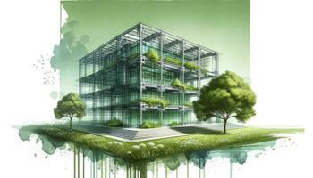 A modern green architecture building inspired by the school landscape. Modern ink painting, and the surrounding vegetation seamlessly blends engineering with nature. AI Generated photo