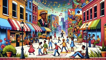 An illustration depicting a lively city street with African individuals participating in different roles, against a backdrop of colorful murals celebrating their culture and history. AI Generative. photo