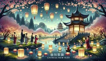 A peaceful Chinese garden scene during the evening, illuminated by lanterns. Families gather around a pond with floating candles, and a pagoda stands majestically in the background. AI Generative. photo