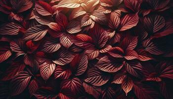 A texture of densely packed wine red autumn leaves with sunlight filtering through, casting a warm glow and highlighting the intricate details of each leaf. AI Generative. photo