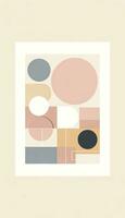 Tall modern minimalist art print showcasing soft pastel hues. Abstract geometric shapes such as circles and rectangles are juxtaposed in a harmonious manner. AI Generated photo