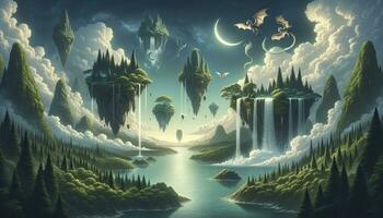 A mystical landscape featuring floating islands, waterfalls, lush forests, and fantastical creatures soaring in the moonlit sky. AI Generated photo