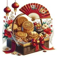 un ilustración exhibiendo un festivo chino nuevo año regalo cesta conteniendo tradicional golosinas, linternas, y un mano admirador, envuelto y atado con un cinta. ai generativo. foto