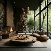 Interior Design, Living room with serene nature view, Beautiful mansion design in the forest, AI Generative photo