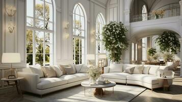 Interior Design Luxurious modern Living room, minimal tall window, Cozy sofa, serene nature scenery, Elegant villa, AI Generative photo
