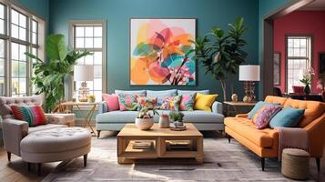 Furnished Modern Living room, bright blue and pink color palette, interior design, AI Generative photo