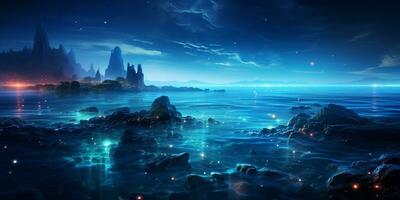 Fantasy seascape, Night view of the ocean, glowing sea, Beautifully starry night sky, dreamy atmosphere, AI Generative photo