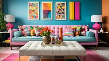 Furnished Modern Living room, bright blue and pink color palette, interior design, AI Generative photo