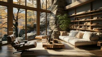 Interior Design, Minimalistic Living room with serene nature view, Beautiful villa design in the forest, AI Generative photo