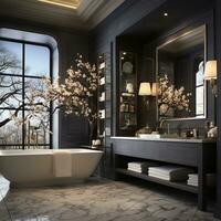 Interior Design of Elegant Spacious Bathroom, Luxury bathtub, Romantic Atmosphere, AI Generative photo