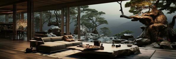 Interior Design, Living room with serene nature view, Beautiful mansion design in the forest, AI Generative photo