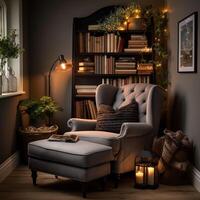 Cozy reading nook plush armchair, bookshelf filled with books of all genres, reading time, elegant interior design, AI Generative photo