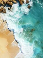 Relaxing aerial view beach, nature holiday template banner, sea shore, coastline, AI Generative photo