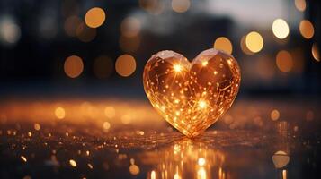 Sparkle Glowing Heart reflected lights, orange and gold, captivating visual, Romantic scenery, dreamy, copy space, greeting card, AI Generative photo