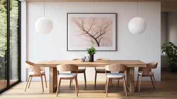 Minimal dining room, bright dining area, interior design, AI Generative photo