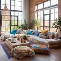 Furnished Modern Living room, bohemian inspired interior design, AI Generative photo