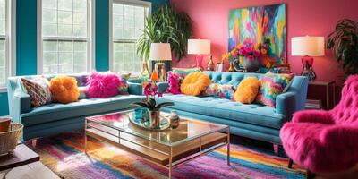 Furnished Modern Living room, bright blue and pink color palette, interior design, AI Generative photo