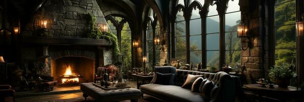 Interior Design, Beautiful Living room Gothic Style, Luxury Mansion, Elegant tall window, AI Generative photo