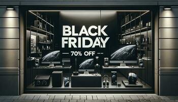 A modern electronic store's window display, prominently featuring a Black Friday 70 Percent OFF sign. The window showcases sleek gadgets and electronics arranged for passersby to see. AI Generated photo