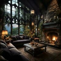Interior Design, Beautiful Living room Gothic Style, Luxury Mansion, Elegant tall window, AI Generative photo