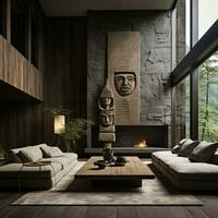 Interior Design, Living room with serene nature view, Beautiful mansion design in the forest, AI Generative photo