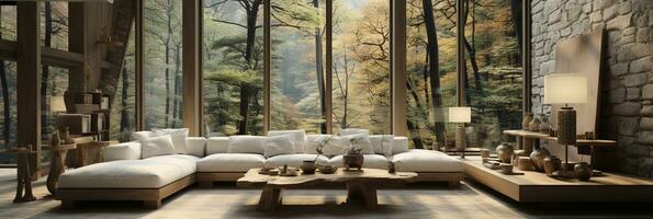 Interior Design, Minimalistic Living room with serene nature view, Beautiful villa design in the forest, AI Generative photo