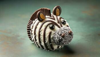 Happy Diwali sweet. A sweet Diwali designed to mimic a zebra's head, using a combination of coconut and chocolate layers to showcase the zebra's stripes. AI Generative. photo