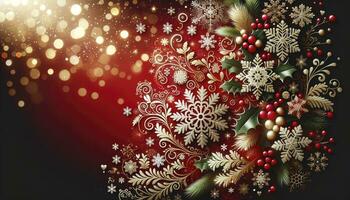 A festive background in red and gold featuring elegant snowflakes and holly leaf patterns. AI Generated photo