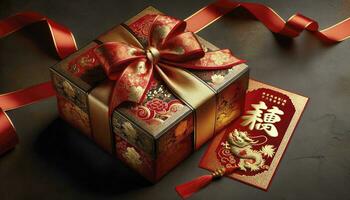 A beautifully wrapped Chinese New Year gift box draped in red silk with intricate golden patterns, accompanied by a traditional red envelope or hongbao. AI Generated photo