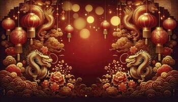 Background for desktop wallpapers or design projects, featuring a deep red gradient with intricate golden patterns of dragons, lanterns, and florals. Bokeh lights add depth and shimmer. AI Generated photo