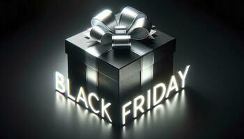 A stylish Black Friday sale concept featuring a luxurious gift box with a shimmering bow on a sleek black background. AI Generative. photo